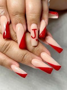 Red Nails With J Initial, J On Nails Letter, J Letter On Nails, Initial Nail Design, Letter J Nails, Valentines Day Nails Initials, Red Nails With Initials, J Initial Nails