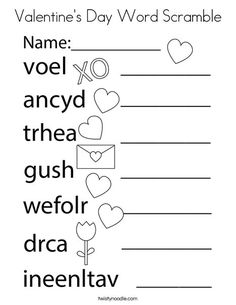 valentine's day word scramble worksheet with the words in black and white