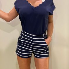 Brand New; Never Worn; The Color Is A True Navy And White Stripes; Silver Hardware (Zipper). It Is Super Cute For A Summer Night And It Has Very Soft Material That Is Not Itchy Or Heavy. It Is Machine Washable In Perfect Shape, Zippers In Back And Has Front Pocket!! Striped Short Top For Spring, Striped Short Length Tops, Chic Short Blue Tops, Sailor Shorts, Summer Night, Summer Nights, Navy White, Silver Hardware, Windsor