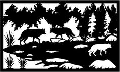 an image of two animals in the woods silhouetted against trees and rocks by water