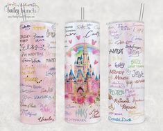 three different colored tumbles with disney castle images on them and names written all over them