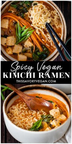 two bowls filled with soup and vegetables on top of each other, one has chopsticks in it