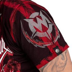 Red Distressed Short Sleeve T-shirt, Red Distressed Crew Neck T-shirt, Edgy Cotton T-shirt For Biker Events, Red Short Sleeve Tops With Back Print, Edgy Red Cotton T-shirt, Red Distressed Top For Streetwear, Edgy Cotton Tops For Biker Events, Distressed Red Tops For Streetwear, Edgy Short Sleeve Tops For Biker Events