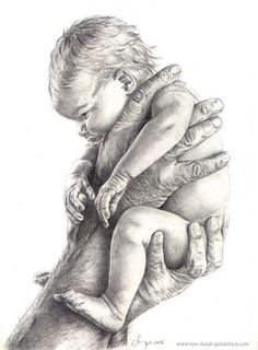 a pencil drawing of a baby holding an adult's hand with the other hand