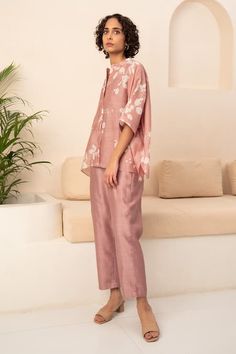 Buy Purple Chanderi Print Cherry Blossom Mandarin Collar Shirt With Pant For Women by Arcvsh by Pallavi Singh Online at Aza Fashions. Elegant Summer Sets With 3/4 Sleeve, Casual Spring Sets With Kimono Sleeves, Relaxed Fit Pink Sets For Spring, Pink Relaxed Fit Sets For Spring, Spring Pink Sets With Relaxed Fit, Summer Sets With 3/4 Sleeve, Mandarin Collar Shirt, Cherry Blossom Print, Pant For Women