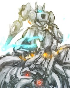 a drawing of a robot riding on the back of a motorcycle with flames coming out of it