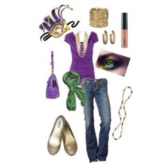 a woman in purple shirt and jeans with accessories