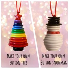 two christmas tree ornaments with the words make your own, make your own button tree