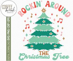 rockin'around the christmas tree with music notes and stars on it, in front of