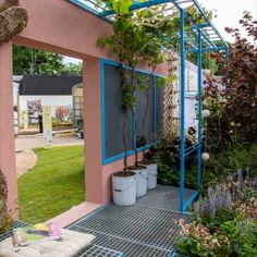 a pink house with blue trim and plants growing on the outside, in front of it