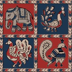 an image of four different designs with animals and birds on them in red, blue, and beige colors