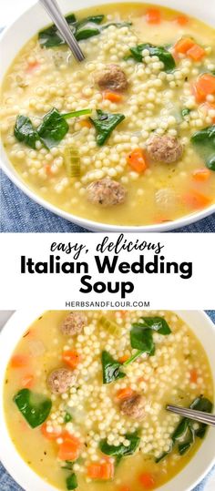 two bowls of italian wedding soup with meatballs and spinach