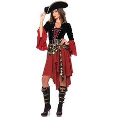 a woman in a pirate costume posing for the camera with her hand on her hip