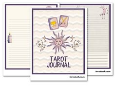 two notebooks with the words tarot journal written in purple and yellow on them