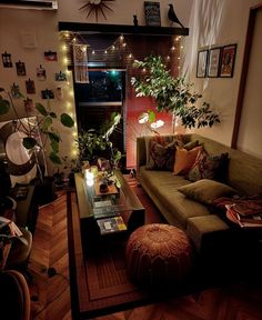 a living room filled with furniture and lots of plants on top of the table in front of it