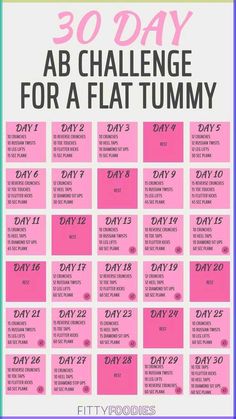 the 30 day ab challenge for a flat tummy is shown in pink and blue