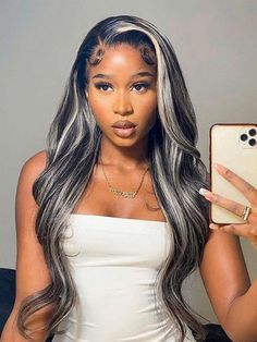 Hair Name: Ombre Highlights Lace Front Wigs Hair Style: Straight Human Hair Hair Length: 16-28 inches Wig Weight: 200-320g/Wig (Depending on Lengths and Density) Color: Platinum Gray and Black Highlights Density: 180% Density Lace Size: 13x4 Lace Front Wigs Cap Size: Medium, 22.5inch (Customize Size Service >) Quality: 100% Virgin Human Hair Wigs Shipment: DHL, FedEx, or UPS 10-15 Business Days Ombre Hair Highlights, Black Women Dreadlocks, Grey Blonde, Hair For Black Women, Natural African American Hairstyles, Ombre Highlights, Wig Styling, Virgin Hair Wigs, Body Wave Wig