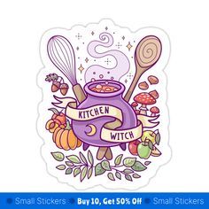 a sticker with the words kitchen witch and cooking utensils in front of it