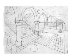 a pencil drawing of a building with stairs and arches on the wall, along with a vase