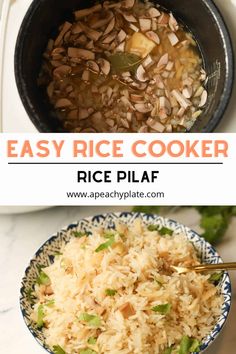 rice is being cooked in an instant pressure cooker and then served with other ingredients