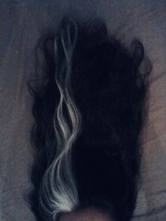 Unruly Hair Aesthetic, Grey Hair Aesthetic Faceless, Black White Hair Aesthetic, Poliosis Hair Aesthetic, Laudna Aesthetic, Black Fae Aesthetic, Dark Grey Hair Charcoal, Black And White Hair Aesthetic, Poliosis Hair