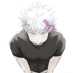 an anime character with white hair and blue eyes wearing a black shirt, standing in front of a white background