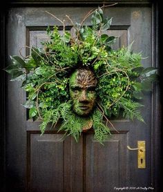 a green man's head is surrounded by greenery on the front door to a house