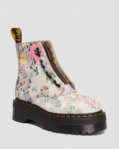 SINCLAIR FLORAL MASH UP LEATHER PLATFORM BOOTS Dr Martens Sinclair, Martens Outfit, Jadon Boots, Leather Platform Boots, Shoes 2023, Yellow Heels, Ballerina Shoes Flats, Boots Uk, Goodyear Welt