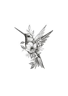 a black and white drawing of a hummingbird with flowers