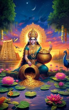 the hindu goddess sitting on lotuses in front of water