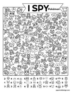 the i spy pokemon coloring page is shown in black and white with an arrow above it