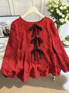 Plus Size Women Floral Embroidered Tie Front Lantern Sleeve Ruffle Hem Loose Blouse, Autumn Red Boho  Long Sleeve Woven Fabric Colorblock,Plain Peplum Non-Stretch  Women Plus Clothing, size features are:Bust: ,Length: ,Sleeve Length: Embroidered Tie, Red Boho, Loose Blouse, Lantern Sleeve, Plus Size Blouses, Lantern Sleeves, Plus Size Tops, Ruffle Hem, Plus Clothing