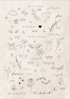 the back side of a sheet of paper with writing on it and flowers, butterflies, hearts