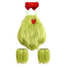 a green monster costume with two red bows on it's head and three other hair pieces