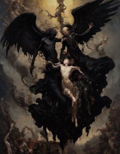 an image of two people on top of each other with wings and demon like faces