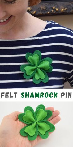 DIY Felt St. Patrick's Day Shamrock Pin Shamrock Craft, March Crafts, St Patricks Crafts, St Patricks Day Crafts For Kids, San Patrick, St Patrick's Day Decorations