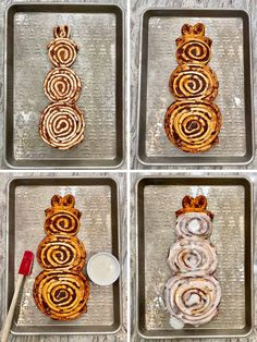 four pans filled with different types of pastries on top of metal trays