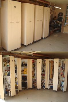 two pictures of the inside of a garage with several storage cabinets and shelves in it