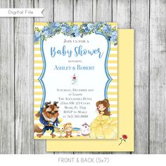 the beauty and the beast baby shower is shown on a wooden background with text that reads,