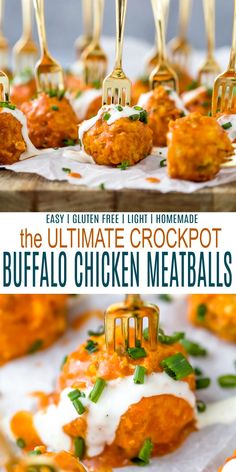 the ultimate crockpot buffalo chicken meatballs are ready to be eaten and served