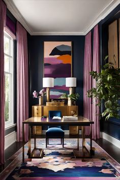 a living room with purple curtains and a painting on the wall above a wooden table