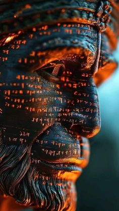 a close up view of the face and head of a statue with writing on it