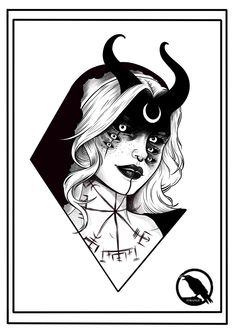 a black and white drawing of a woman with horns