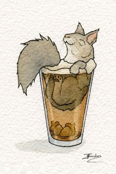 a watercolor painting of a cat sitting in a glass with ice cream and nuts