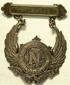 an old metal badge with wings and the letter n in it's center, on a white background