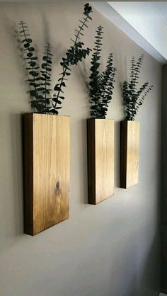 three wooden vases with plants in them hanging on the side of a white wall