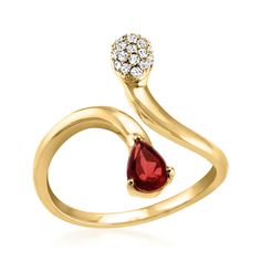 Ross-Simons - .50ct Garnet, .10ct t. w. Diamond Bypass Ring Pear Cut in 14kt Yellow Gold. Size 5. Understated yet brimming with sophistication, this luxe bypass ring features a fiery .50 carat pear-shaped garnet at one end and a sparkling .10 ct. t. w. round brilliant-cut diamond cluster at the other. Finely crafted in polished 14kt yellow gold. 1/2" wide. Diamond and garnet bypass ring. Garnet birthstones are the perfect gift for January birthdays. Garnet Birthstone, January Birthday, Bypass Ring, Garnet Rings, Diamond Cluster, Pear Cut, Round Brilliant Cut Diamond, Jewelry Ideas, Pear Shaped