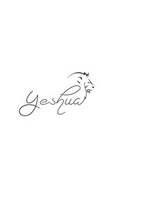 the word yesha written in cursive writing on a white background with a horse's head