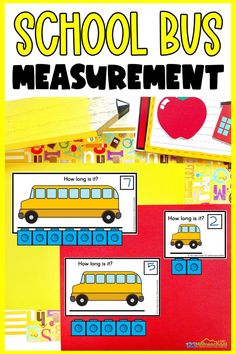 a school bus measurement poster with pictures of the buses and numbers on it, including an apple