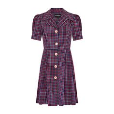 This 1970s dress is by celebrated British designer Jeff Banks, as part of his successful 1960s and 1970s boutique brand Clobber. It is tailored from a good quality cotton printed with gingham in red and white against navy. Cut to a short-sleeve, open-collar style, it fastens with chunky plastic buttons in peach down the front. It has a nipped-in waist and flared skirt.  This dress is in excellent vintage condition with no flaws of any note. There are side threaded belt loops but the belt is no l Retro Fitted Knee-length Plaid Dress, Fitted Retro Knee-length Plaid Dress, Fitted Knee-length Retro Plaid Dress, Retro Gingham Dress With Buttons, Retro Plaid Dress For Work, Retro Gingham Plaid Cotton Dress, Retro Plaid Cotton Dress, Retro Cotton Plaid Dress, Vintage Plaid Workwear Dress